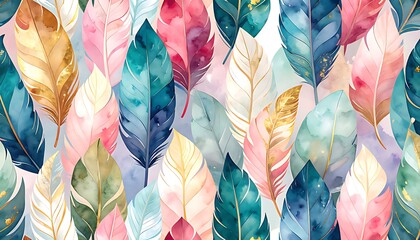 Colorful feather pattern with watercolor effects.