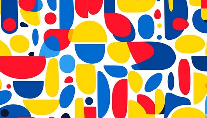 A vibrant geometric pattern, featuring a playful mix of circles, ovals, and abstract shapes in bold red, blue, and yellow hues, displayed against a clean white background.