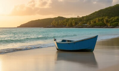 Naklejka premium Tranquil sunset beach scene with a blue boat