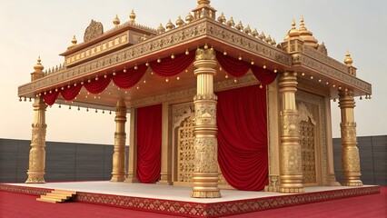 Ornate golden pavilion with red drapes and intricate carvings