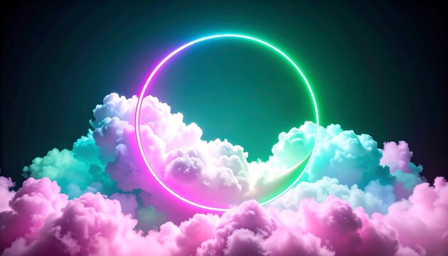 Neon circle framed by fluffy, pastel clouds in a vibrant color scheme.