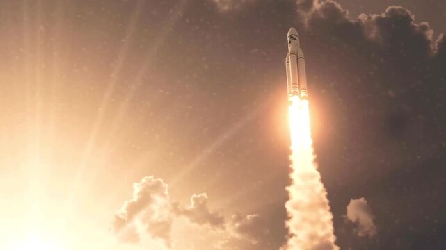 Powerful ariane 6 rocket ascending through clouds, illuminated by golden sunset light, symbolizing space exploration and technological advancement