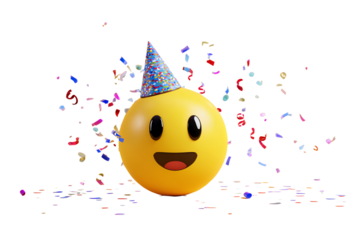 Festive 3D Emoji with Party Hat and Colorful Confetti – Isolate on Transparent White Background