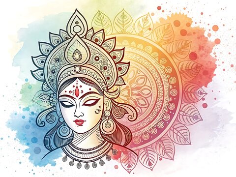 Artistic depiction of goddess durga with vibrant watercolor splashes