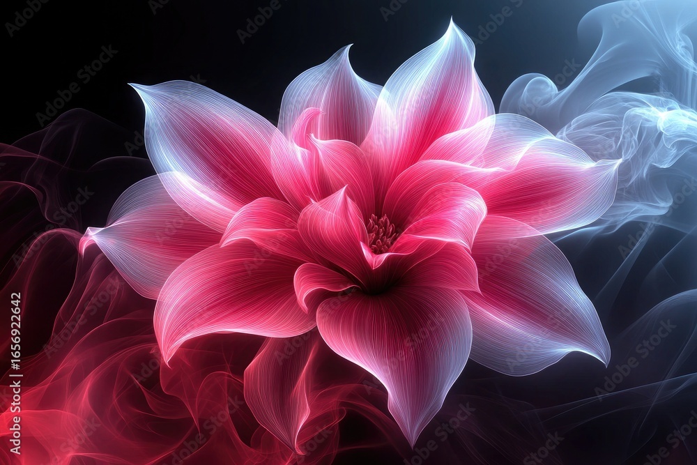 Poster abstract image of a pink flower with glowing lines and smoky background. great for background or add