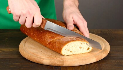 Person's hands cutting a loaf of bread on a wooden board.