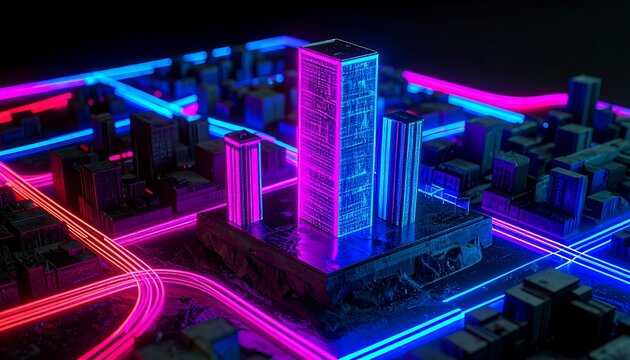 A vibrant, futuristic city model, illuminated by neon pink and blue light trails, showcasing intricate architectural details and a captivating digital aesthetic.