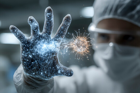 Medical researcher interacting with 3d model of virus using innovative technology in modern laboratory