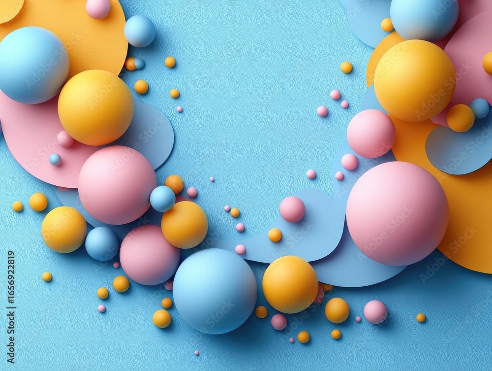 Poster colorful 3d spheres and discs on blue textured background create a frame. use as background for prod