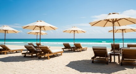 Obraz premium Tropical beach scene with sun loungers and umbrellas