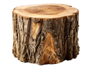 Rustic wooden tree stump isolated on white background