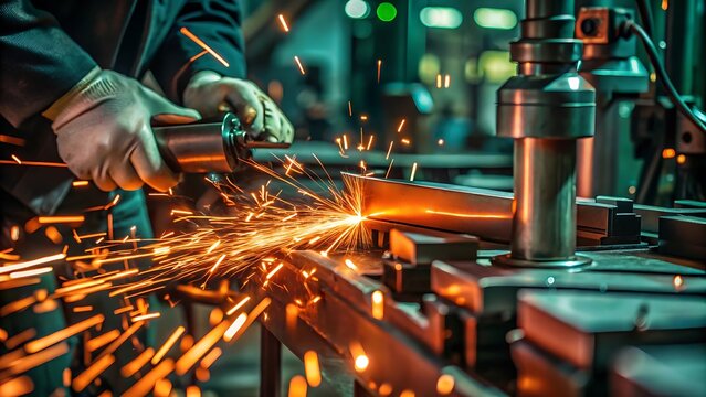 Metal worker grinding a metal object with sparks flying in a factory setting with machinery around