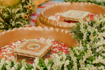 Haldi Decoration Ideas | Traditional Floral Setup, Marigold Haldi Decor, Wedding Haldi Stage, Yellow Theme, Bride & Groom Ritual Backdrop, Mehndi & Haldi Function