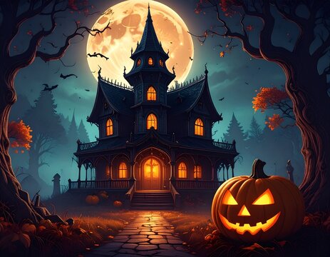 Halloween scene of a haunted house with jack-o&rsquo;-lantern pumpkins glowing, spooky full moon. Atmospheric seasonal illustration for eerie, festive holiday designs and horror backdrops.
