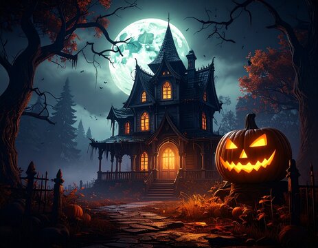 Dark Halloween scene of a haunted house with jack-o&rsquo;-lantern pumpkins glowing against a spooky full moon. Atmospheric seasonal illustration for eerie, festive holiday designs and horror backdrops.