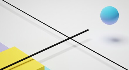 Minimalist Geometric Composition: Sphere, Lines, and Pastel Blocks on White Background