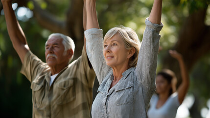 Seniors stretching in the park under soft sunlight