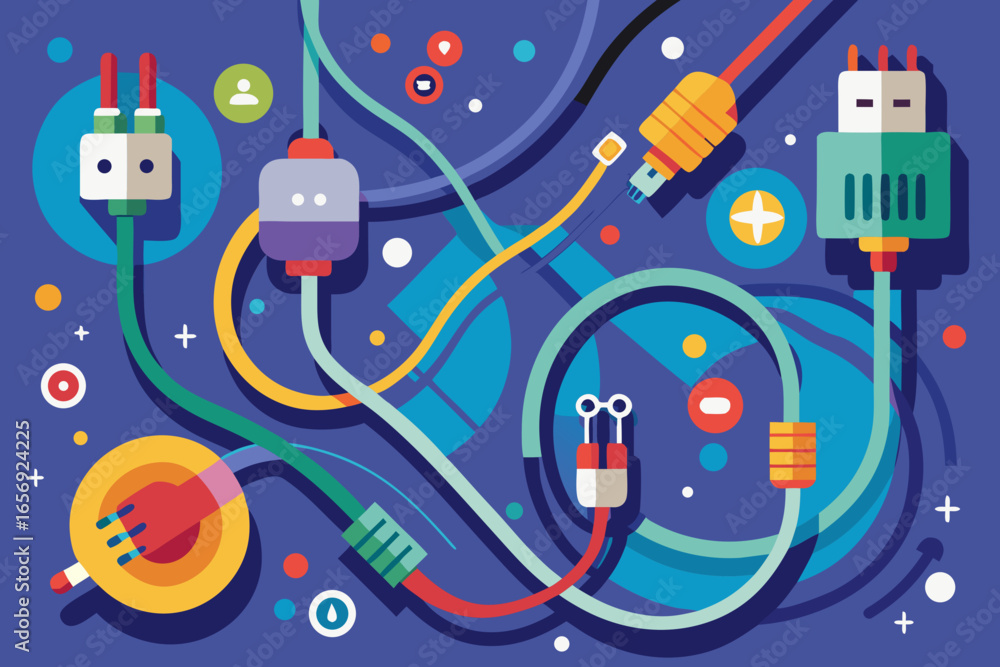 Poster vibrant network of connected cables and plugs symbolizing technology, data, and communication, creat