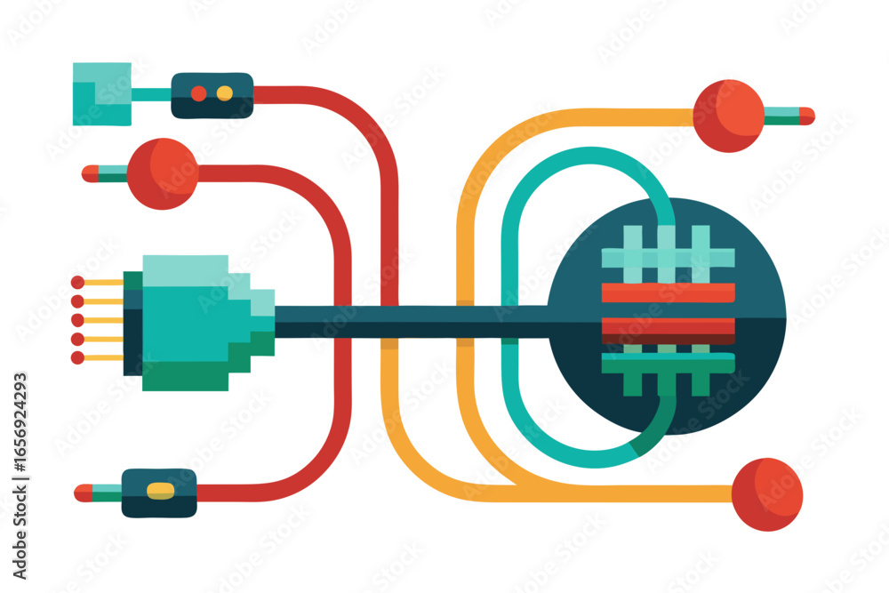 Poster dynamic network connections visualized with colorful abstract cables and connectors, symbolizing dat