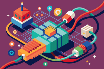 Dynamic abstract network of connected digital components and data flow, representing technology, innovation and connectivity in a vibrant isometric style.