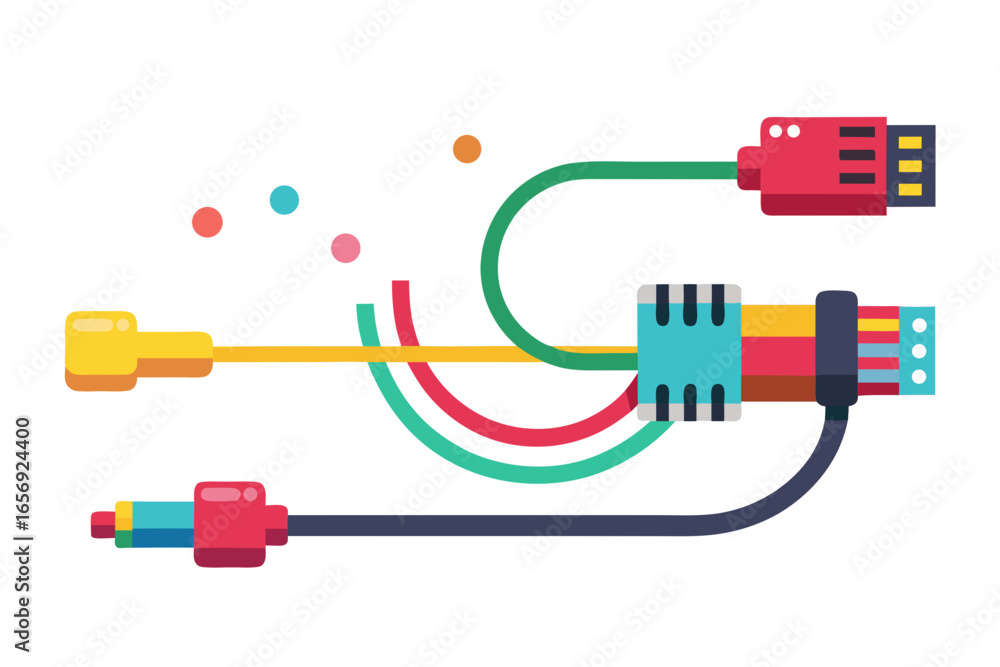 Poster modern technology connection concept with colorful wires and connectors, symbolizing data transfer a