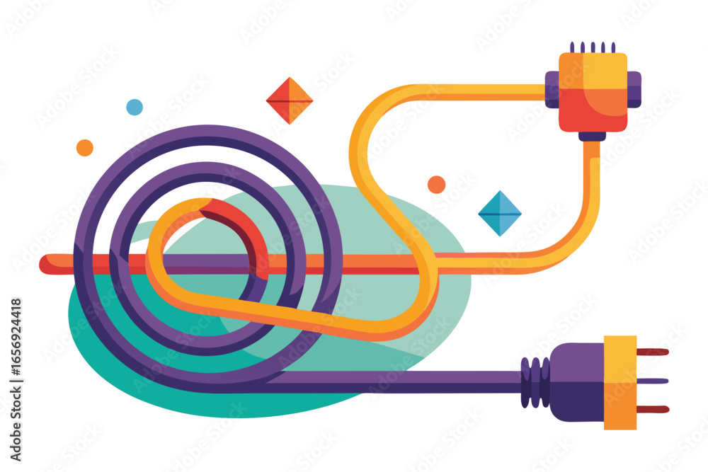 Poster vibrant abstract composition of connected cables and geometric shapes, symbolizing data flow and mod