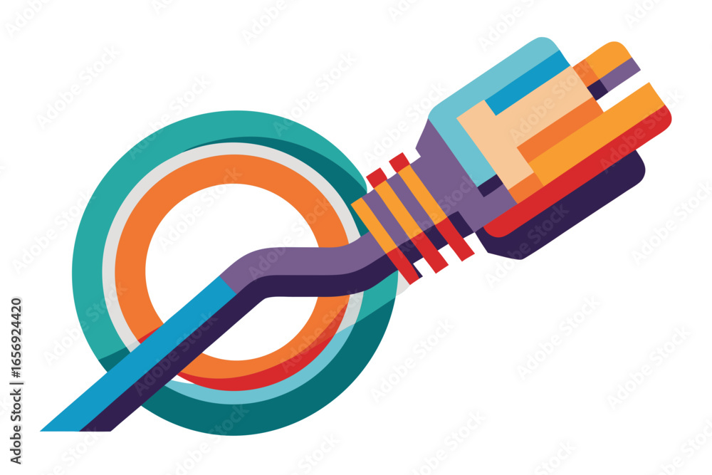 Poster dynamic abstract network cable connection symbolized by vibrant geometric shapes and flowing lines, 