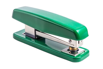 A bright green office stapler on a black background