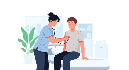 Flat vector illustration of a female doctor examining a patient with a stethoscope in a clinic or hospital room. Ideal for medical checkups and healthcare
