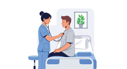 Flat vector illustration of a female doctor examining a patient with a stethoscope in a clinic or hospital room. Ideal for medical checkups and healthcare