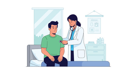 Flat vector illustration of a female doctor examining a patient with a stethoscope in a clinic or hospital room. Ideal for medical checkups and healthcare