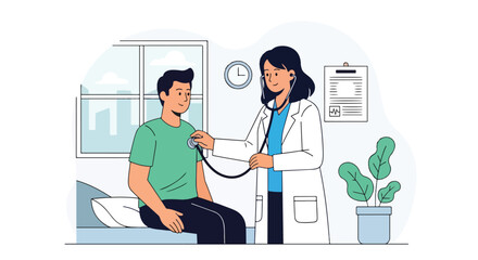 Flat vector illustration of a female doctor examining a patient with a stethoscope in a clinic or hospital room. Ideal for medical checkups and healthcare