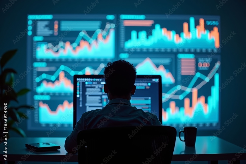 Poster silhouette of a african american analyst immersed in predictive business analytics, surrounded by da
