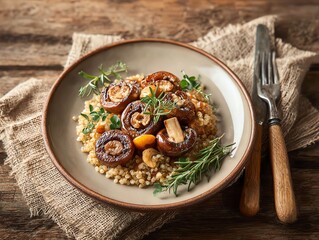 neutral-toned dinner plate with mushrooms and grains