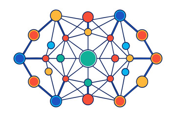 Dynamic interconnected network of colorful nodes and connecting lines symbolizing data flow, complex systems, and digital connections for modern technology and business concepts.