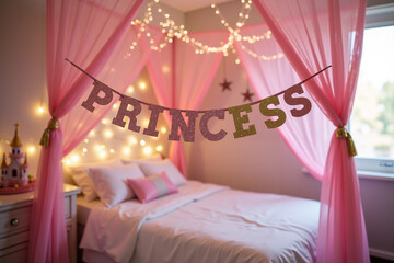 Cozy princess-themed bedroom decorated with pink curtains and lights