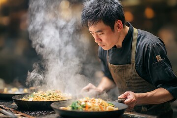 young man working while cooking noodles simultaneously