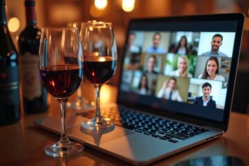 - Virtual Wine Tasting Event: Laptop Screen Shows Participants Toasting Each Other via Video Chat, Close-Up of Wine Glass