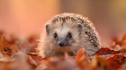 Fototapeta premium A small hedgehog nestled amongst autumn leaves.