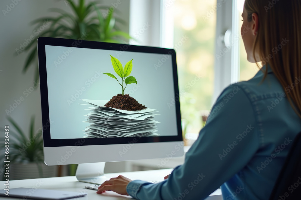 Poster from chaos to organization: person sitting in front of computer screen with digital garden growing f