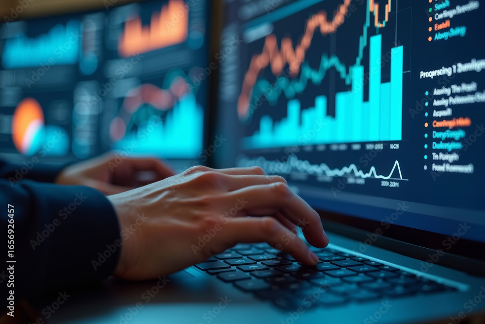 Poster business analyst engrossed in data analysis: hands typing on keyboard with vivid visualizations refl