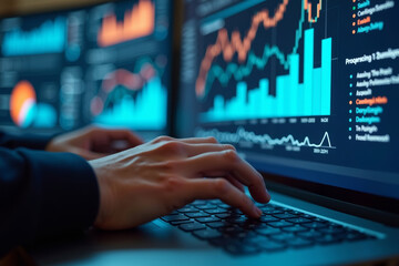 Business Analyst Engrossed in Data Analysis: Hands Typing on Keyboard with Vivid Visualizations Reflected on Face.