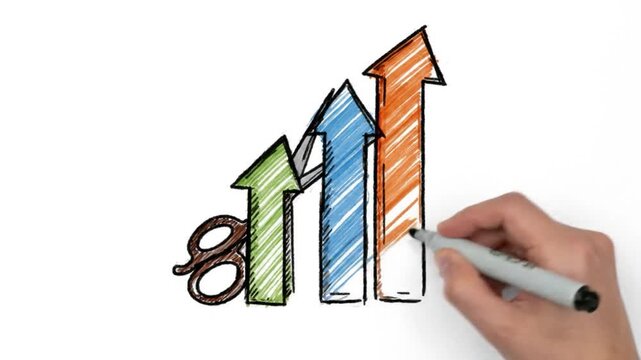 Hand-drawn upward trending graph with arrows, increasing in size, being drawn with a marker. 
