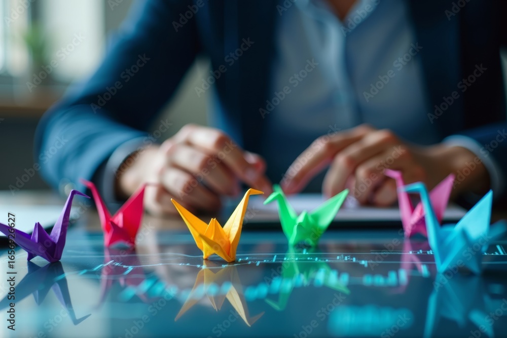 Poster analyzing business data with precision: analyst working with colorful origami cranes on computer scr