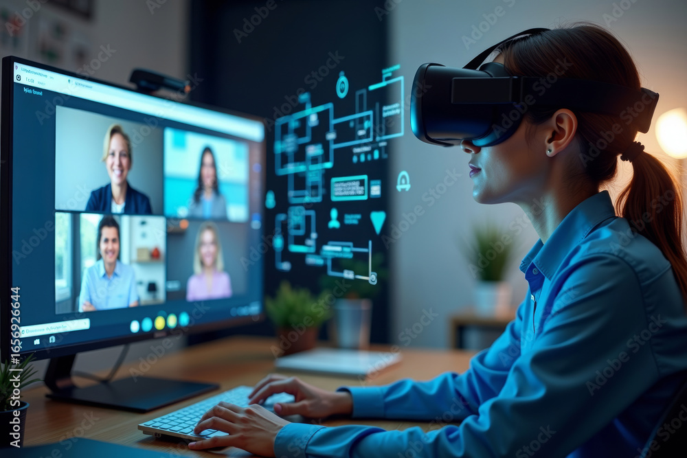 Poster person in virtual reality goggles sitting in front of computer screen surrounded by business graphic