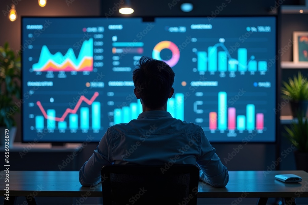 Poster immersed in data: a person engrossed in colorful graphs and charts on a large screen