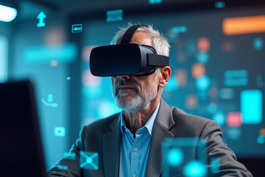 Elderly man immersed in futuristic digital world while using virtual reality headset for video conference chat.
