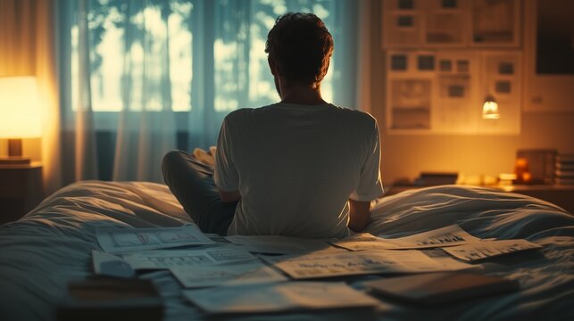 Man sitting on bed with papers on it. Video of a person in financial bed. A chart analyzing data decisions in depth. A man is seated on a bed that has papers spread across it lifestyle.