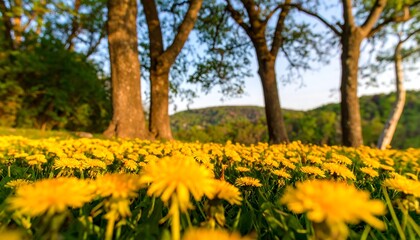 Dandelions field, trees, hills