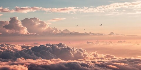 Pink Cloudscape Birds Silhouetted Against a Pastel Sky